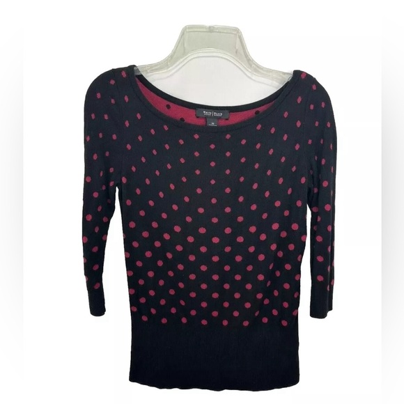 WHITE HOUSE BLACK MARKET Two Way Interchangeable Sweater XS Black Pink Polka Dot - Picture 2 of 6